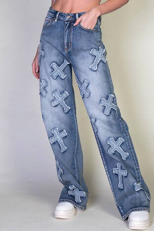 Cross Patch Straight Leg Jeans